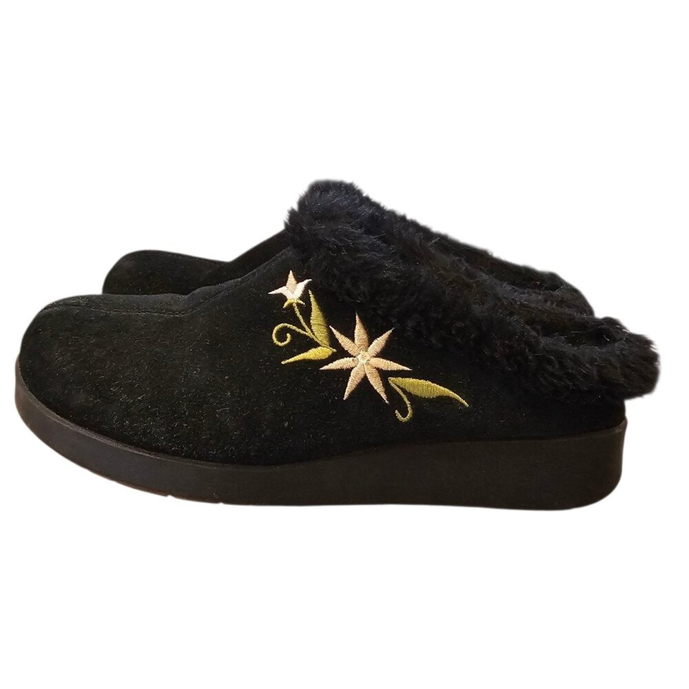 Y2K Report Black Suede Mules Clogs Shoes Faux Fur Trim Flowers Embroidered Sz 9